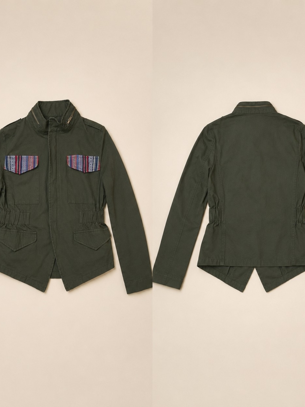 Olive Green Utility Jacket with Patterned Chest Pockets